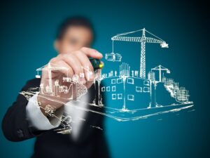 Using AI for construction, man drawing a blueprint